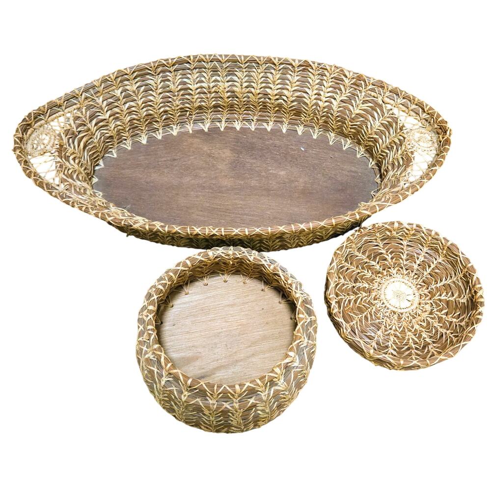Pine Needle Woven Oval Basket + Round Basket w/Lid, Wooden Bottoms Vintage